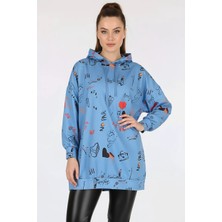 Hanka Kadın Sıfır Yaka Oversize Kapüşonlu Grafik Desenli Pamuklu Indigo Sweatshirt