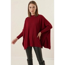 Hanka Kadın Balıkçı Yaka Yandan Yırtmaçlı Oversize Triko Bordo Panço Kazak