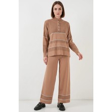 Hanka Kadın Düğmeli Yaka Oversize Çizgili Triko Camel Ikili Takım