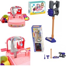 Bulaşık Yıkama Seti - Pilli Su Akıtan Modern Lavabo + Oyuncak Pilli Dikey Süpürge