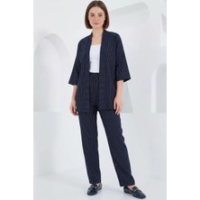 Hanka Kadın Kimono Yaka Çizgili Lacivert Ikili Takım