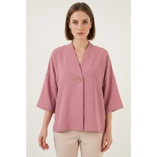 Hanka Kadın V Yaka Kısa Kol Oversize Gül Kurusu Kimono