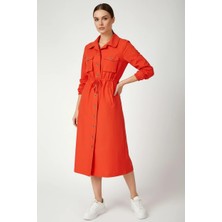 Hanka Kadın Gömlek Yaka Beli Büzgülü Önden Düğmeli Nar Tesettür Trenchcoat