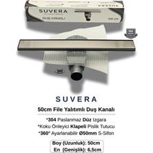 Suvera 50CM 304 Paslanmaz Izgaralı (File Yalıtım Kitli) Koku Önleyici Klapeli Duş Kanalı – Ø50MM (Fileli) S-Sifon Sistemi - (304 Düz Izgara)
