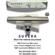 Suvera 60CM 304 Paslanmaz Izgaralı (File Yalıtım Kitli) Koku Önleyici Klapeli Duş Kanalı – Ø50MM (Fileli) S-Sifon Sistemi - (Düz Izgara)