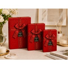 Aşkana En Çok Tercih Edilen 3’lü Dikdörtgen Hediye Kutusu Seti Kırmızı Desenli | Büyük Boy 16X23 cm Orta Boy 14X21 cm Küçük Boy 12X19 cm | Kapaklı Lüks Hediye Kutusu
