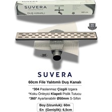 Suvera 60CM 304 Paslanmaz Izgaralı (File Yalıtım Kitli) Koku Önleyici Klapeli Duş Kanalı – Ø50MM (Fileli) S-Sifon Sistemi - (Çizgili Izgara)