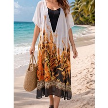 Hediyegeldi Tropik Ateş Bohem Kimono Elbise