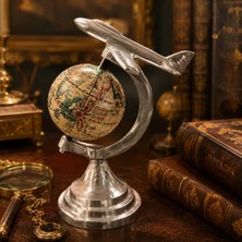 Evvel Zaman Antik Vintage Uçaklı Dünya Küresi Biblo – Metal Dekoratif Masaüstü Obje