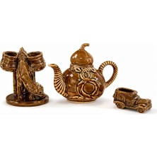 Evvel Zaman Antik Vintage Seramik Dekor Seti – 3 Parça (Demlik, Figür ve Mini Araba)