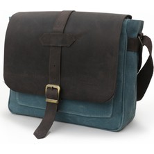 Dark Cotton 7503 Hakiki Deri Turkuaz Kapaklı Suya Dayanıklı Mumlu Kanvas 15” Laptop, Okul, Evrak Seyahat Çantası