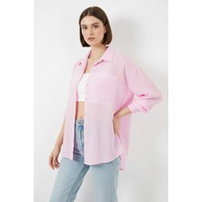 Zuzudan Kadın Oversize Tek Cepli Çizgili Viskon Pembe Gömlek