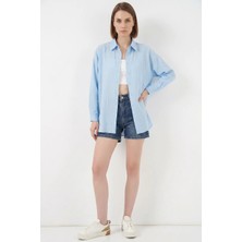 Zuzudan Kadın Oversize Kesim Pamuklu Mavi Gömlek