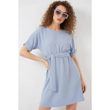 Zuzudan Kadın Yuvarlak Yaka Kuşaklı Kısa Kol Mini Boy Mavi Elbise
