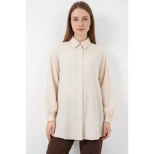 Zuzudan Kadın Gömlek Yaka Dokulu Oversize Viskon Krem Tunik