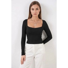 Zuzudan Kadın Kare Yaka Slim Fit Uzun Kol Siyah Bluz