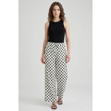 Zuzudan Kadın Beli Büzgülü Puantiyeli Bol Paça Beyaz Palazzo Pantolon