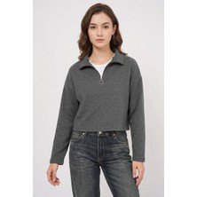 Zuzudan Kadın Yaka Fermuarli Pamuklu Antrasit Sweatshirt
