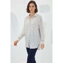 Zuzudan Kadın Oversize Desenli Saten Bej Beyaz Gömlek