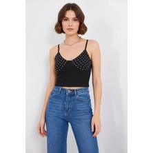 Zuzudan Kadın Askılı Noktalı Desen Pamuklu Siyah Crop Top