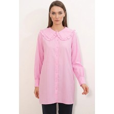 Zuzudan Kadın Geniş Yaka Fırfır Detaylı Çizgili Pembe Tunik Gömlek