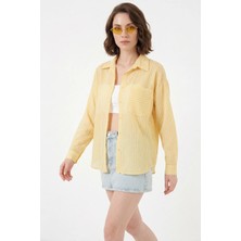 Zuzudan Kadın Oversize Tek Cepli Çizgili Viskon Sarı Gömlek