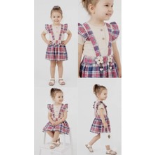 İkikareshop 9/24 Ay Tişörtlü Ekose Etek Salopet Bebek Takımı
