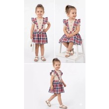 İkikareshop 9/24 Ay Tişörtlü Ekose Etek Salopet Bebek Takımı