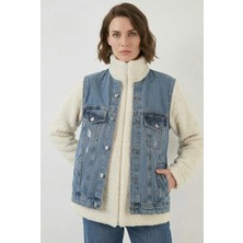 Zuzudan Kadın Yüksek Yaka Denim Peluş Yırtık Detaylı Pamuklu Lacivert Mont
