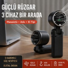 Azurtech Dijital Ekranlı Katlanabilir Şarjlı Mini El Vantilatörü – 5 Kademeli Güçlü Rüzgar, Masaüstü / Askılı / El Tipi Kullanım