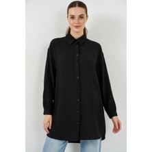 Zuzudan Kadın Gömlek Yaka Dokulu Oversize Viskon Siyah Tunik