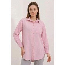 Zuzudan Kadın Oversize Çizgili Pamuklu Pudra Gömlek
