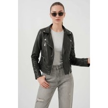 Zuzudan Kadın Dik Yaka Biker Siyah Ceket