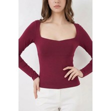 Zuzudan Kadın Kare Yaka Slim Fit Bordo Bluz