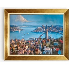 Tablore Galata Kulesi ve Istanbul Panoraması Yağlı Boya Dokulu Gold Çerçeveli Tablo