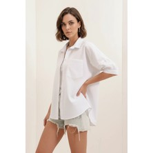 Zuzudan Kadın Kısa Kol Basic Oversize Pamuklu Beyaz Gömlek