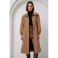 Zuzudan Kadın Gömlek Yaka Beli Büzgülü Astarlı Camel Trençkot