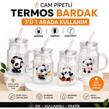 Hüco Bazaar 2'li Şirin Ayıcık Temalı Cam Pipetli Sızdırmaz Kapaklı Aç Kapa Cam Kupa Termos Bardak (500 Ml)