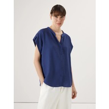LC Waikiki Lcwaıkıkı Classic Lacivert Kaçık Yaka Oversize Kadın Bluz
