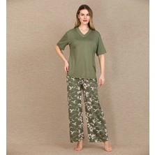 Aria's Closet Arias Closet Şık Tasarım Çiçek Desenli Yeşil Kısa Kol Viskon Pijama Takımı