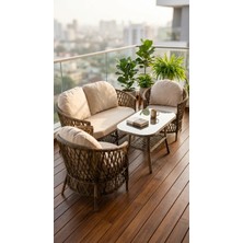 Bürosaray 3+1+1 Açık Kahve Rattan Görünümlü Bahçe Balkon Oturma Grubu Cam Masalı Minderli Teras Veranda Dış Mekan Koltuk Takımı