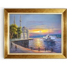 Tablore Istanbul Ortaköy Camii ve Boğaz Manzaralı Lüks Altın Çerçeveli Yağlı Boya Dokulu Tablo