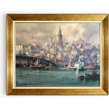 Tablore Galata Kulesi ve Istanbul Manzaralı Altın Çerçeveli Kanvas Tablo Ev Salon Dekoru
