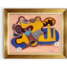 Tablore Picasso Tarzı Sürrealist Soyut Figürlü Gold Çerçeveli Kanvas Tablo