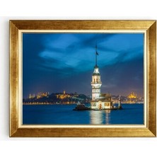 Tablore Gece Mavi Kız Kulesi Manzaralı Altın Çerçeveli Kanvas Salon Tablosu