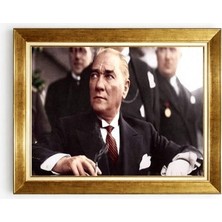 Tablore Gold Çerçeveli Karizmatik Atatürk Tablosu Ofis Makam Odası Duvar Dekoru Kanvas