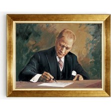 Tablore Masasında Çalışan Atatürk Portresi Duvar Tablosu Gold Çerçeve
