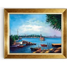 Tablore Istanbul Kız Kulesi ve Deniz Manzaralı Altın Çerçeveli Kanvas Duvar Tablosu