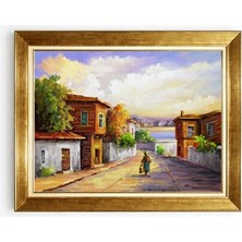 Tablore Tarihi Eski Sokak ve Ahşap Evler Manzaralı Lüks Altın Çerçeveli Tablo