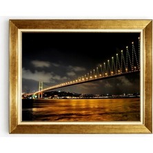 Tablore Gece Işıklı Istanbul Boğaz Köprüsü Manzaralı Altın Çerçeveli Salon Tablosu